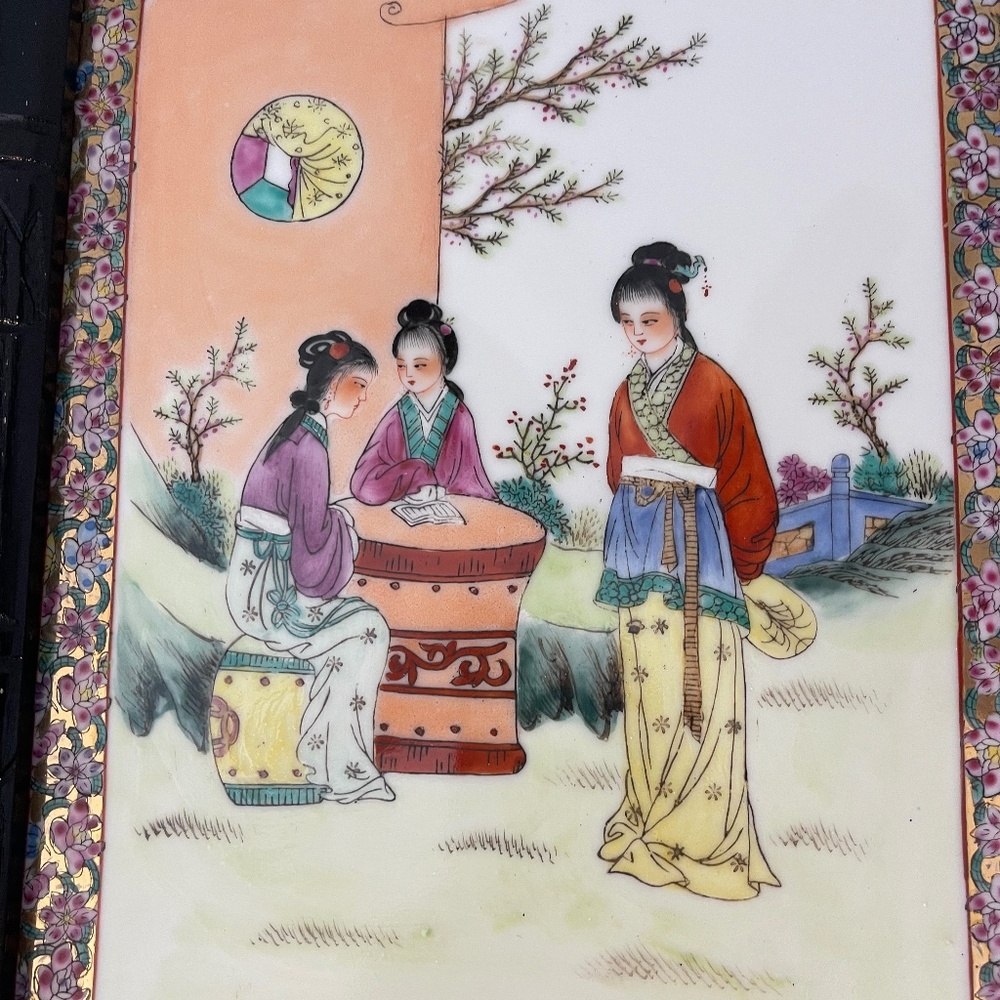 Framed Vintage Chinese Famille Rose Porcelain Plaque in Bamboo Style Frame
